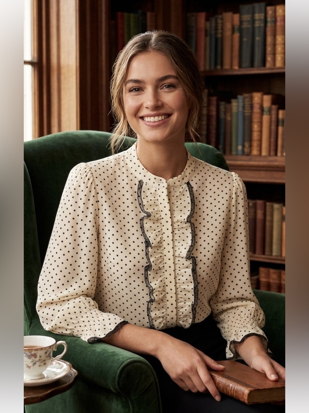 🥰🥰🥰 Karl Lagerfeld Paris cream polka dot ruffle-front blouse, size M